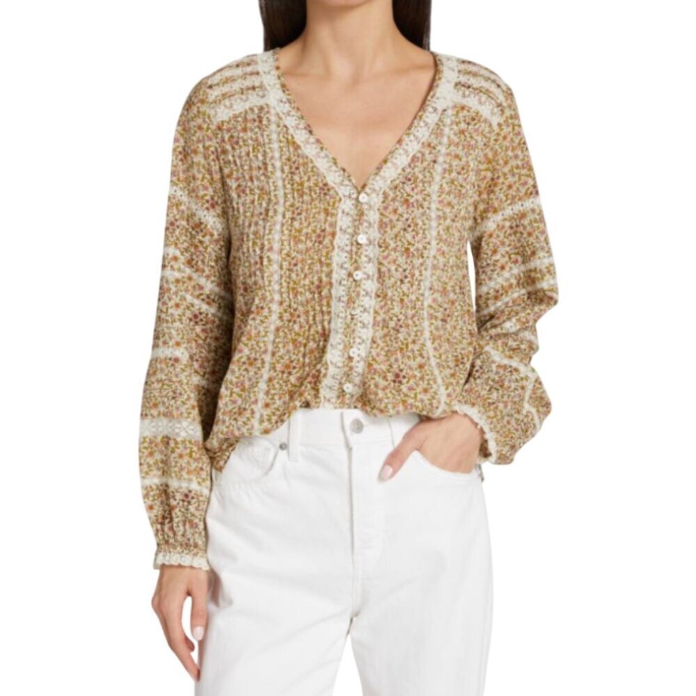 Veronica Beard Lyanna Blouse Top Shirt Womens 2 Green Cream Cotton V-Neck Cotton